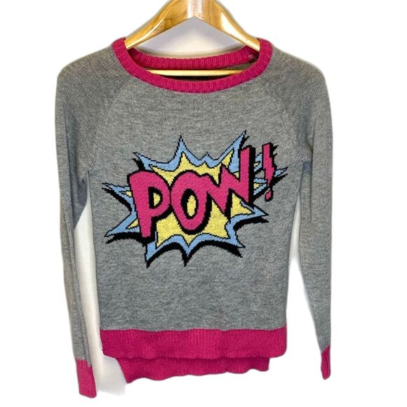 “POW” Graphic Print Gray Pink Yellow Lightweight Crewneck Sweater Size Medium - Picture 3 of 10